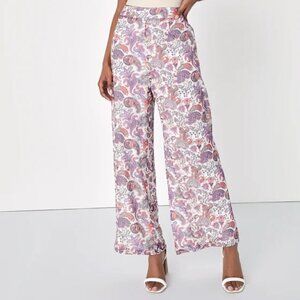 Lulu's Carefree Stunner Ivory Multi Paisley Print Wide-Leg Flowy Pants size L